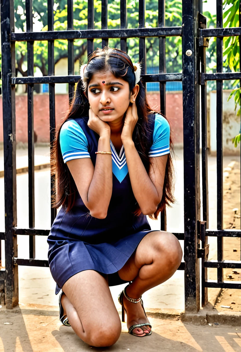 Indian girls wearing short dress kneeling down holding ears in gate sad in punishment in college