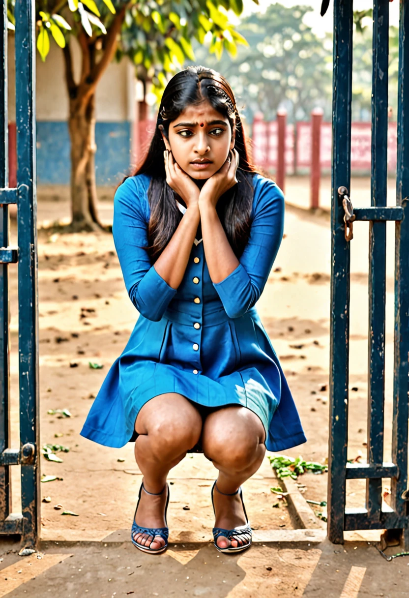 Indian girls wearing short dress kneeling down holding ears in gate sad in punishment in college