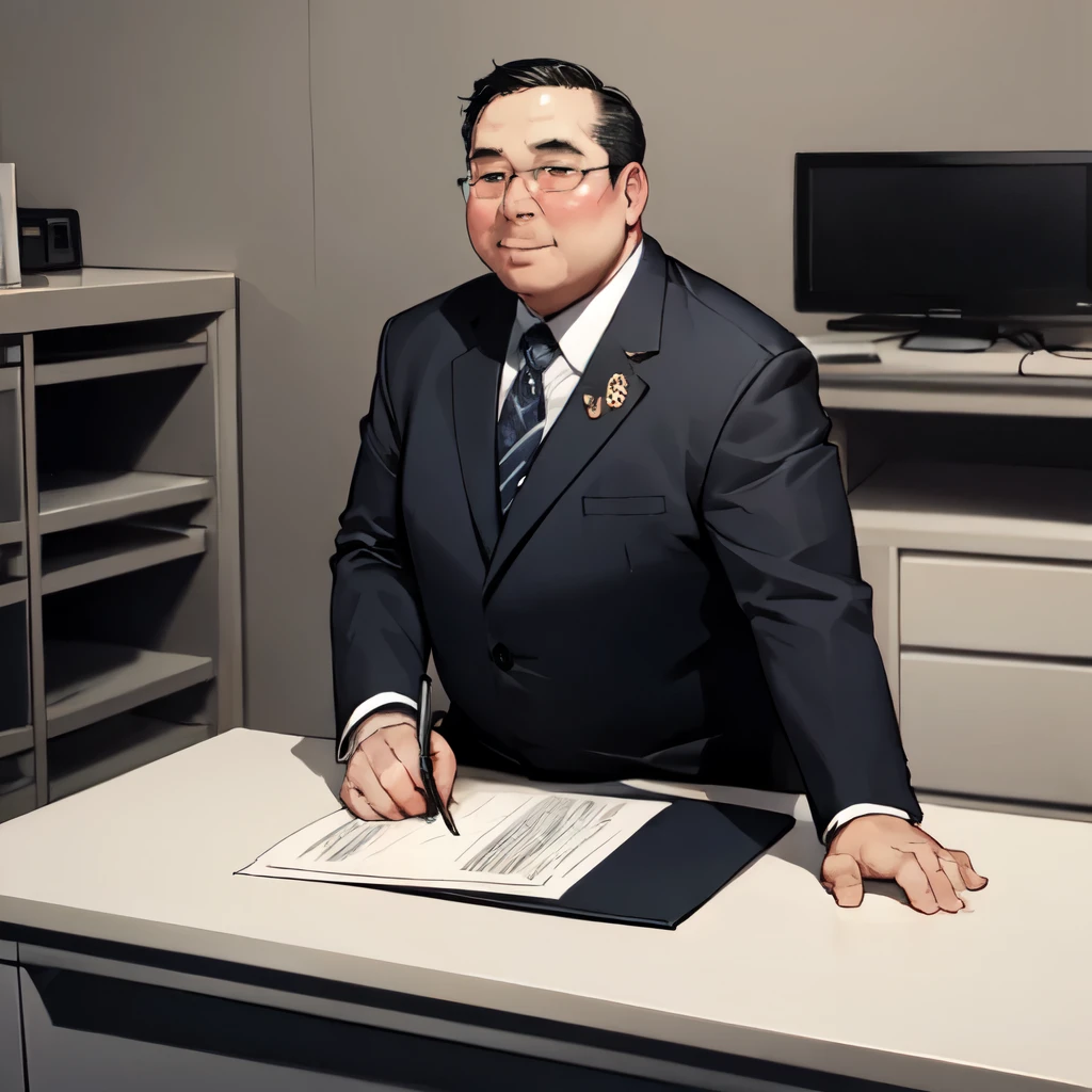 Male solo images、Fat man in a suit,Working、Office desk background scenery