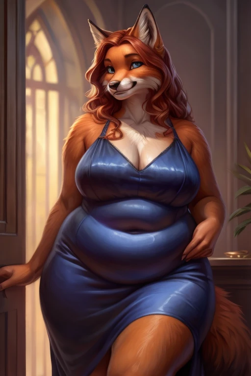breathtaking oil painting, a female anthro fox in a fancy restaurant, furry, thicc, thick, thick thighs, chubby, wide hips, bottom-heavy, plump, wearing a long tight red dress, tight dress, fancy dress, copper hair, long hair, wavy hair, fluffy, fox, blue eyes, smiling, fat, plump belly, tail, fox tail,, photorealistic oil painting, by charlie bowater, fine details, by wlop, trending on artstation, very detailed