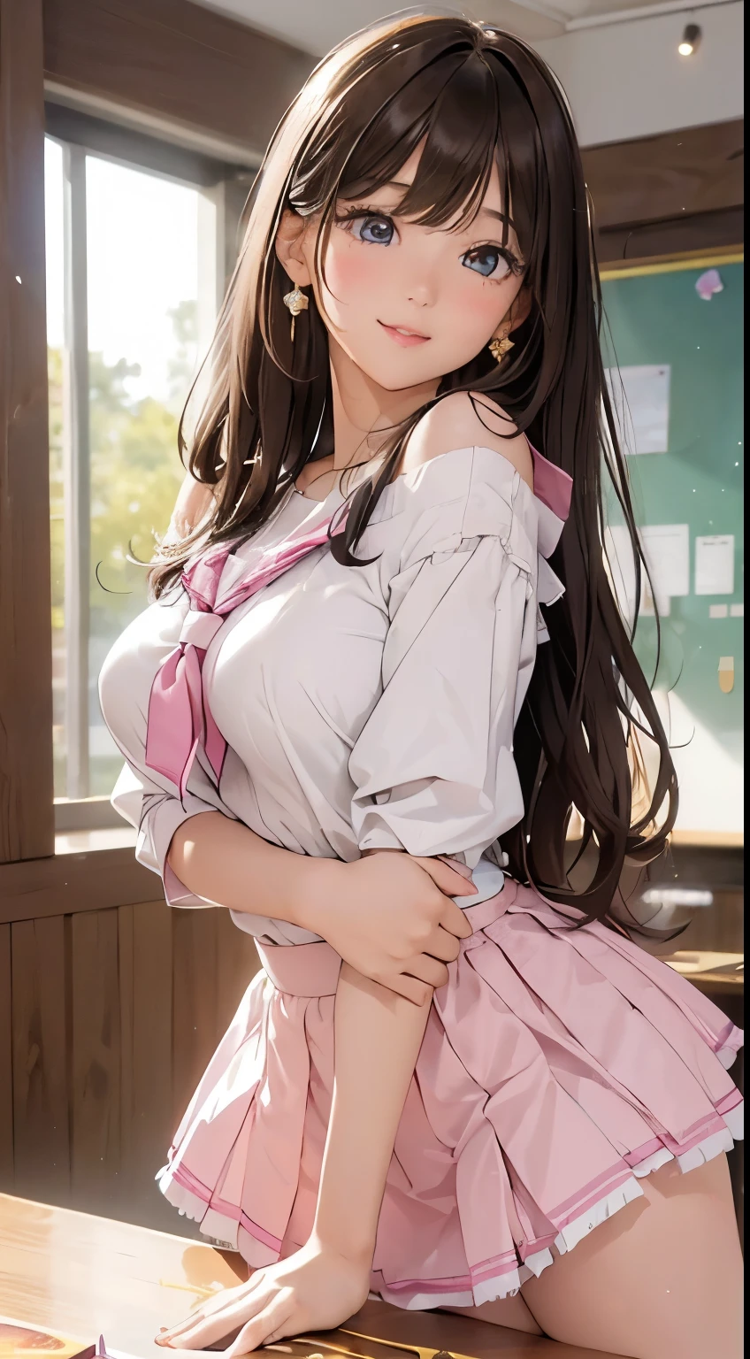 high school uniform、big breasts、アニメbig breasts、obscenely large breasts、blouse with breast bags、There is a milk bag:1.9、white blouse、水に濡れてtransparent blouse:1.9、transparent blouse:1.9、bra with pink decoration、voluminous twintails、smile、white fishnet tights、full body shot、Detailed panties with embellishments、short pleated skirt、focus on crotch、angle from below、show off your panties、show off panties、ta
