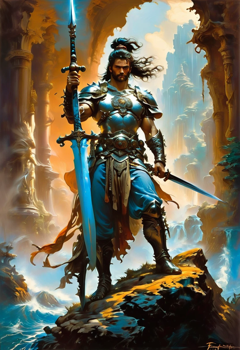 Sworasman, hold sword, by Frank Frazetta, best quality, masterpiece, very aesthetic, perfect composition, intricate details, ultra-detailed