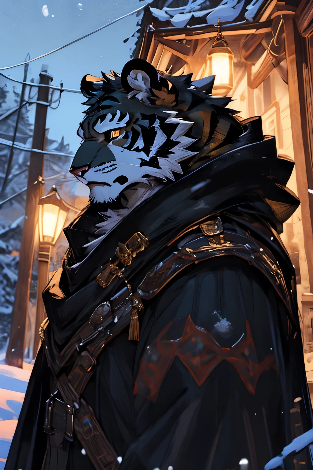 ((best quality)), ((masterpiece)), (detailed), Perfect face,solitary,cannon,night,fantasy,snow,thunder,Black fur,golden stripes,Humanoid Black Tiger.No clothes, in the snow,In the forest on the outskirts of the city.Golden Eyes,Full body portrait,Looking at the camera,lol,