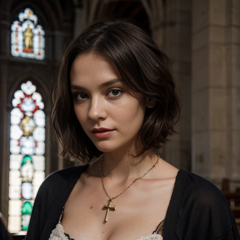 jeune femme de 25 ans, brune, professional lighting, Dim light, in a church, robe de mariée sexy en dentelle, coiffure professionnelle, maquillage professionnel, collier en or avec une croix