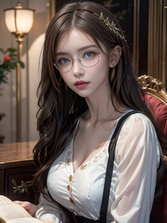 alone, One Girl, masterpiece, highest quality, Very detailed, Cinema Lighting, Intricate details, High resolution, Official Art, Beautifully detailed face and eyes, High resolutionのイラスト, 8k, Dark intense shadows, Exposure, [blonde/brown hair], Single Blade, blue eyes, Glasses, Conceit, Sit on a chair, Upper Body, Big Breasts, White shirt, Yellow suspenders, Book_stack, library, ((vine)), Rose, Looking at the audience