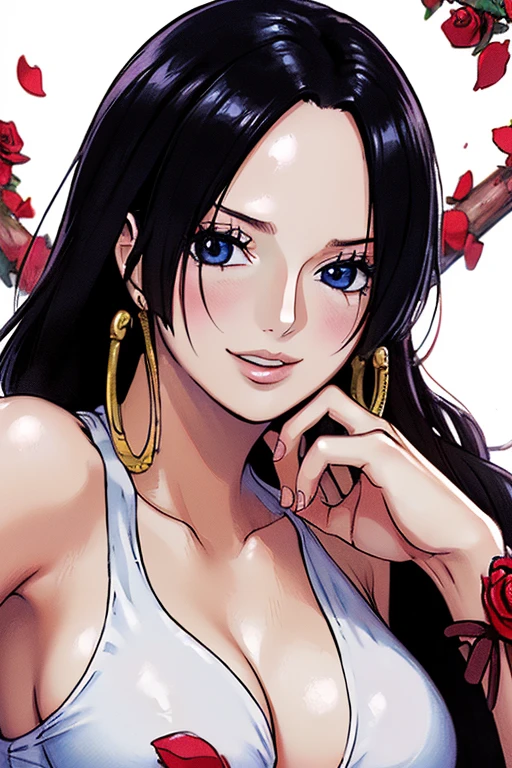 best quality, masterpiece, highly detailed,1girl, ((rose)), (vine), cage, bandage, red rope, (detail light), falling rose petals, Boa Hancock, (nsfw:1.3), (masterpiece:1.5), Detailed Photo, Smiling, Sexy, (8K, Best Quality: 1.4), (1girl), Beautiful Face, (anime realistic Face), (Black Hair, long Hair: 1.3), Beautiful Hairstyle, Realistic eyes, beautiful detail eyes, (white skin), beautiful skin, absurd, attractive, ultra high resolution, ultra realistic, high definition, golden ratio, (sexually aroused:1.5), Pinkish white skin, cool white light, sexy pose, Beautiful , white background, pink soft white light, Wear a white tank top