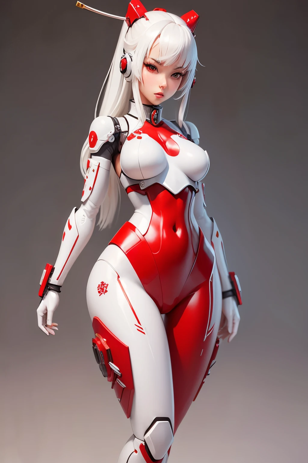 sexy robosamurai girl, white plastic body with red ornament, aesthetic, high detailed image, full body image