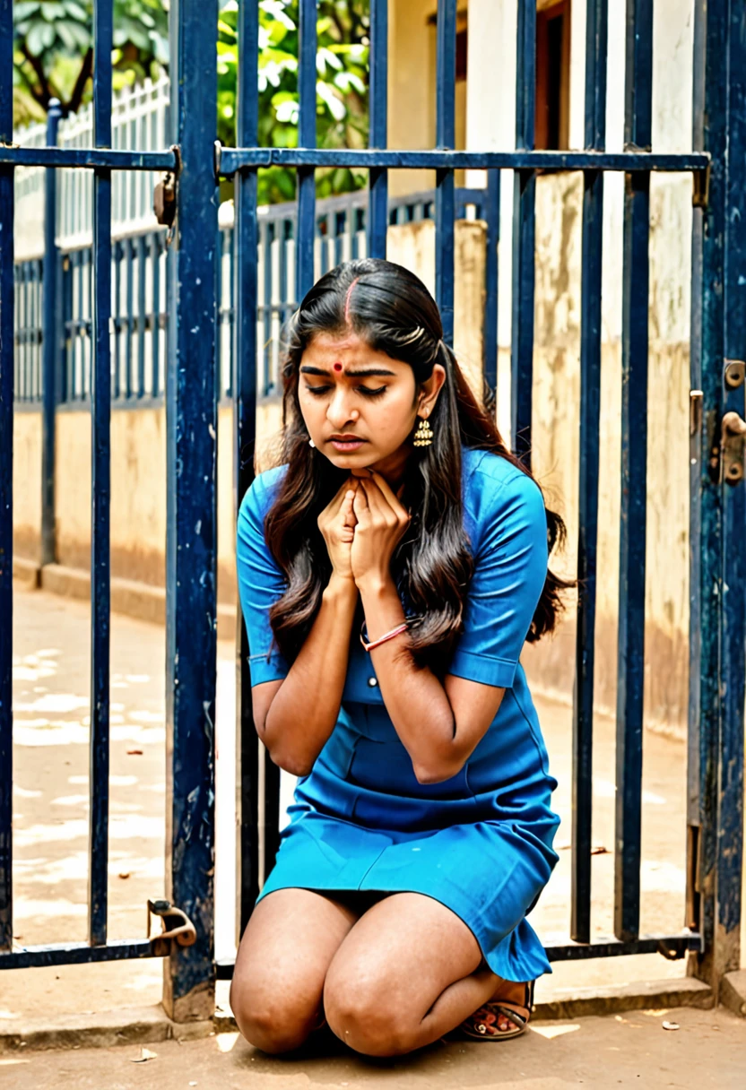 Indian women wearing short dress kneeling down holding ears in gate sad in punishment in college 