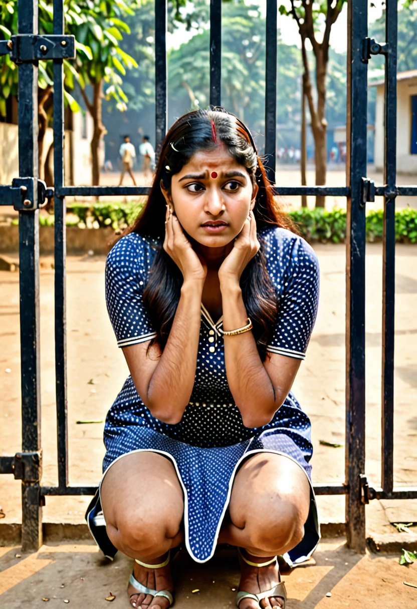 Indian women wearing short dress kneeling down holding ears in gate sad in punishment in college