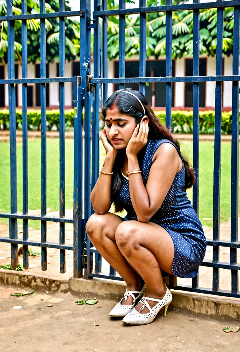 Indian women wearing short dress kneeling down holding ears in gate sad in punishment in college