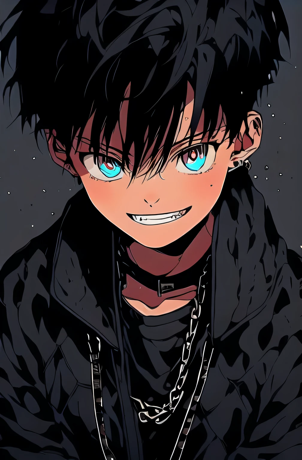 best quality,masterpiece,original,extremely detailed wallpaper,looking at viewer,1boy,solo,male,male focus,black hair,short hair,straight hair with bangs, hair under eyes,black jacket,open jacket,black pants with chains,seductive_smile