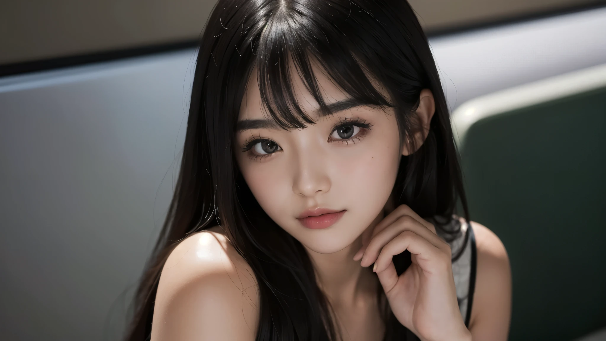 masterpiece, Best image quality, high quality, beautiful girl, Japanese, Japanese school girl, Popular Korean makeup, be familiar with, Swollen eyes, be familiar with eyes, be familiar with skin, Beautiful Skin, ultra High resolution, (reality: 1.4), so beautiful, a little young face, Beautiful Skin, thin, (超reality的な), (figure), (High resolution), (8K), (highly be familiar with), (best figure), (beautifully be familiar with eyes), (super be familiar with), (wallpaper), (be familiar with face), Watching the audience, The finer details, be familiar with face, Pure Erotic Face Ace_V1, smile, Look straight ahead, Look straight ahead, Angle from waist up, Realistic photos, Bright lighting, Professional Lighting, Black Hair (Some green), Long Hair, dark ruins, Big Red Moon, Gorgeous red and black dress, Mature Woman, Stylish long bangs,