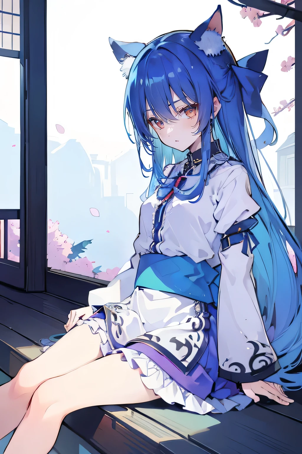 (masterpiece:1.2),ultra-detailed,realistic,expressive eyes,fair-skinned,perfectly shaped face,1girl,
Japanese cartoons,Gorgeous blue hair, flowing blue hair,floating clothes,cat ears,petals falling,beautiful Lola,Hina Angel,
hands on waist,gracefully sitting on the ground,legs crossed,gentle and serene background,cool and comfortable pavilion.