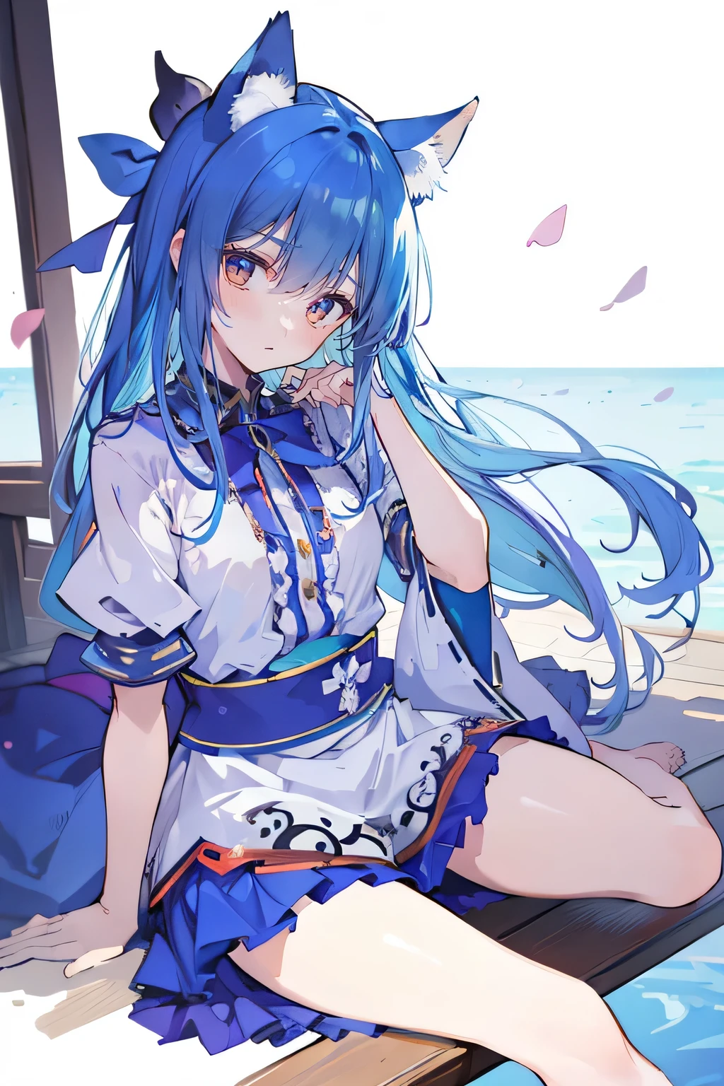 (masterpiece:1.2),ultra-detailed,realistic,expressive eyes,fair-skinned,perfectly shaped face,1girl,
Japanese cartoons,Gorgeous blue hair, flowing blue hair,floating clothes,cat ears,petals falling,beautiful Lola,Hina Angel,
hands on waist,gracefully sitting on the ground,legs crossed,gentle and serene background,cool and comfortable pavilion.