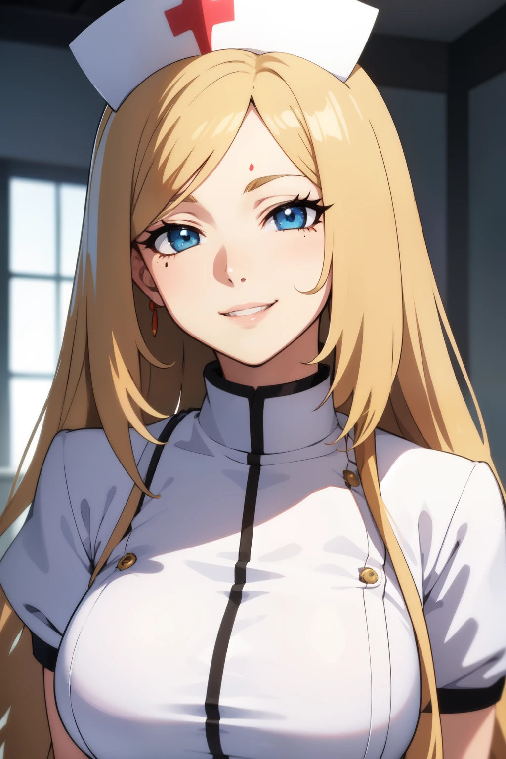 Rangiku from anime "Bleach",long, slightly wavy auburn-blond hair, blue eyes, full lips, and a beauty mark on the right side under lips of her face. tall, larger chest, smiling. nurse outfit