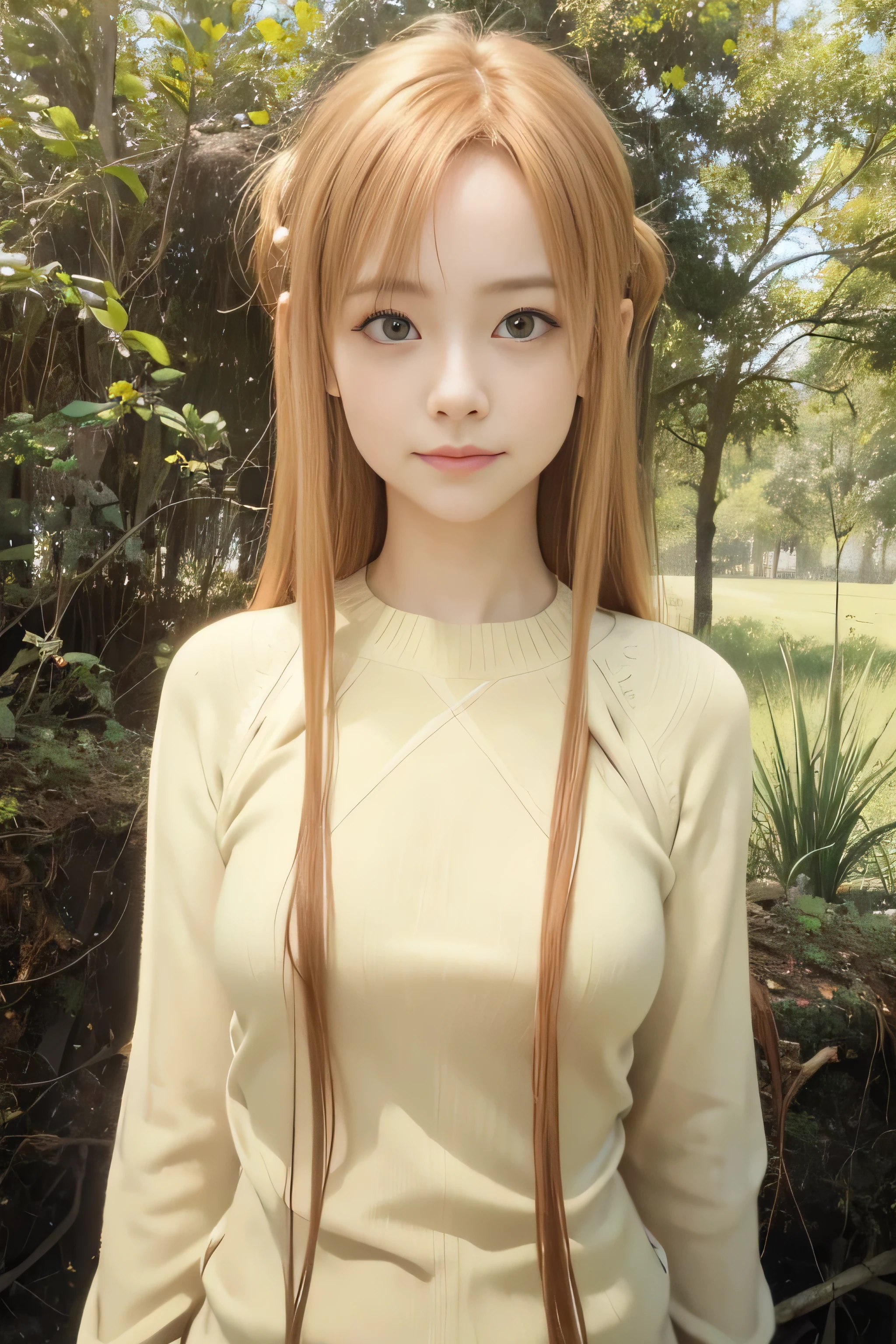 masterpiece, best quality, (realistic,photo-realistic:1.4), (RAW photo:1.2), extremely detailed CG unity 8k wallpaper, delicate and beautiful, amazing,finely detail, official art, absurdres, incredibly absurdres, huge filesize, ultra-detailed,extremely detailed eyes and face,light on face,yuuki asuna,(little smile),(caramel hair:1.4),(long hair:1.6),(wearing sweater:1.5),nature,forest