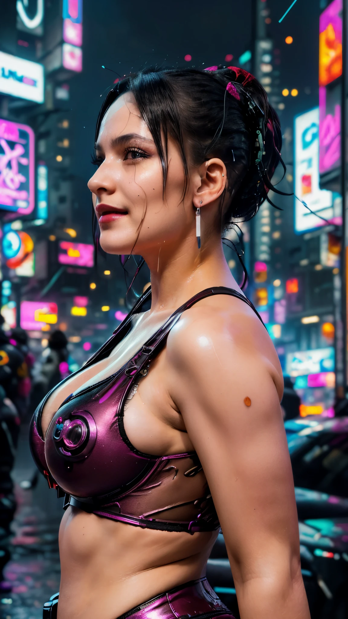 (((Cyberpunk))),ultra realistic 8k cg, picture-perfect face, flawless, clean, masterpiece, professional artwork, famous artwork, perfect face, beautiful face, beautiful eyes, ((perfect female body)), solo, blush,seductive expression,extremely detailed_eyes,((cyberpunk lingerie : 1.2)), short hair,, beautifully detailed background,depth of field,,bdsm,skindentation,(soft red lipstick), ((short girl)), ((side view photo : 1.4)), (glossy skin), (earrings, bracelet:1.2), ((firm breasts)), (in a cyberpunk city), (wearing cyberpunk outfit : 1.2), (gigantic breasts), ((night time)), (smile), (a lot of sperm liquid on her face : 1.4), (look at camera :1.2), (close up photo)