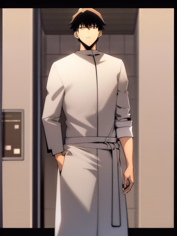 (Illustration, high resolution, best quality: 1.5, masterpiece, minimalist, simplistic detail, anime) solo: 2, teenager, fushiguro toji, baggy pants, shirt, fur collar coat, holding knife, half body,