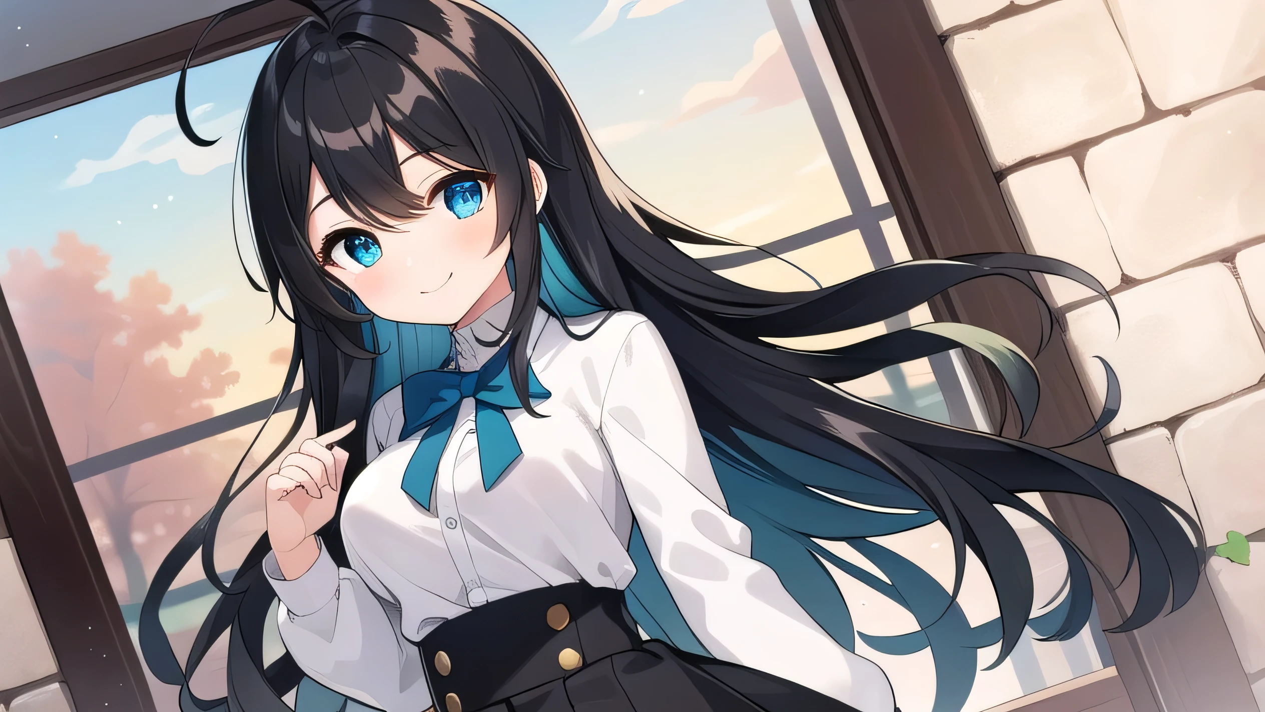 high schoolooks like an elementary school st short, 140cm tall, black hlight green tinge, short ahoge, beautiful long hair but with a little hair sticking out, beautiful round eyes, blue eyes, smile, boyish, long sleeves , thick clothes, skirt, big breasts, hair longer than waist, long hair, young face, dark greenish black hair, gentle smile, a little shy, skirt is black, hair is black but has a slight green tinge, boyish and gentle smile I have.