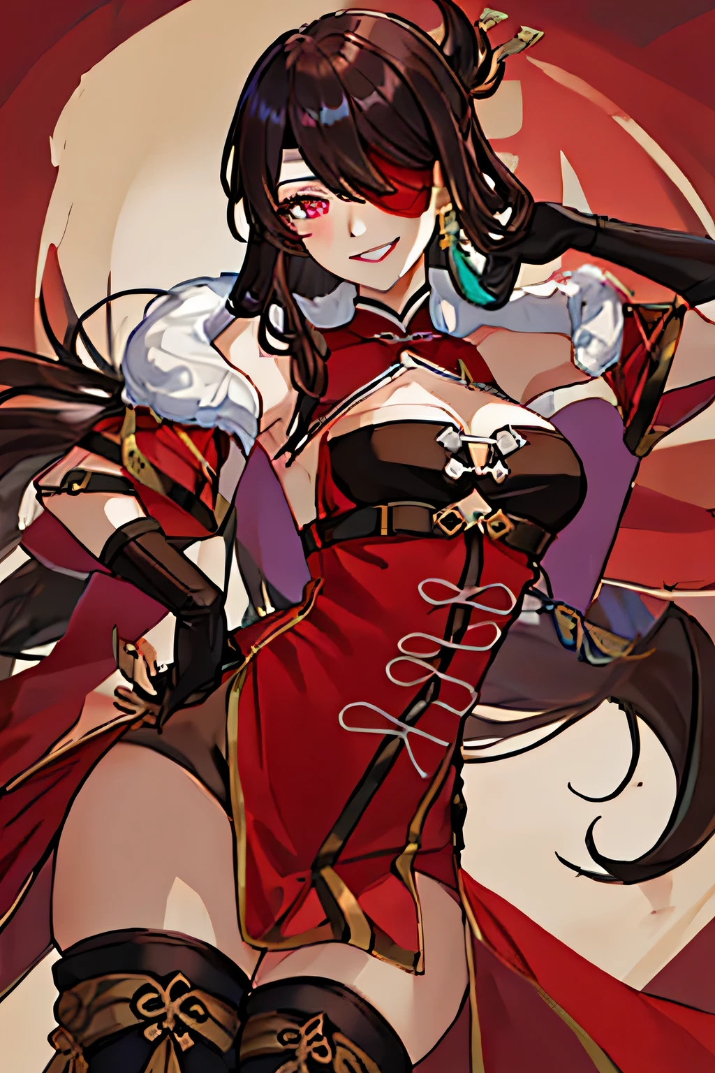 Best Quality, masutepiece, hight resolution, Solo, {beidou_Genshin:1.15}, long_hair, an eye patch, Red_Eyes, brown_hair, hair_ornament detached, hair_Over_One_eye, breasts, One_eye_Covered, Hairpin, Smile, hair_stick, Jewelry, Bangs, earrings, Large_breasts, cleavage, 1girl in, Chinese_Clothes, gloves, up looking_in_viewer, fingerless_gloves, furr_trim, Black_gloves, Holding, parted_Lips