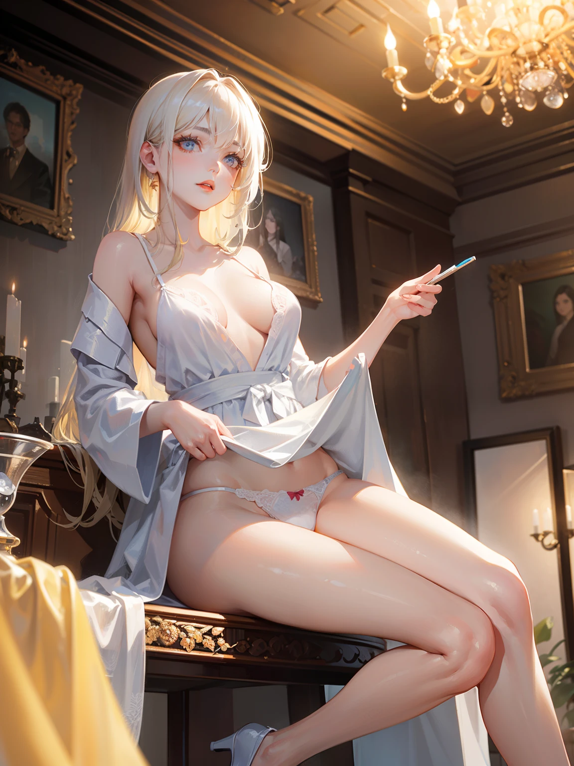 (looking at viewer), fullbody view,(( posing)),Dynamic posing,Arrange pose,dramatic,cinematic,detailed background,dynamic angle,Hard NSFW,Top quality work，Photorealistic works，Ultra Premium Graphics，8K HD CG works，High-quality graphics，High-definition fine CG works，超A high resolution、Show Legs，close-up all over the body，10x pixel，Ultra-fine details：1.1，Advanced technical details：1.1Photographically realistic，Indoor lighting effects：1.5，Natural light：1.5. light effect（Virtual Light Effects：1.8），超A high resolution，Transparent hair，High Detail Hair（Premium Hair Detail：1.1）Clear eyes，Good looking double eyelids，Sharp eye makeup, Delicate makeup for eyelashes, Thin eyebrows, ultradetailed eyes，lovely red lips, Rose cheeks, Face with delicate makeup , Pretty Face, A perfectly proportioned face,（Advanced facial details：1.1，stilo heelitts，Authentic dress works，In the banquet hall，Women's Artwork，full-body view，Realism，overall look is very erotic, a,Large round chest、Beautiful eye details、Very slender eyes、Beautiful eyelashes、beautiful double eyelid, creamy silk robe, lace white bra and panties, (((sillift, white Panties are visible)))