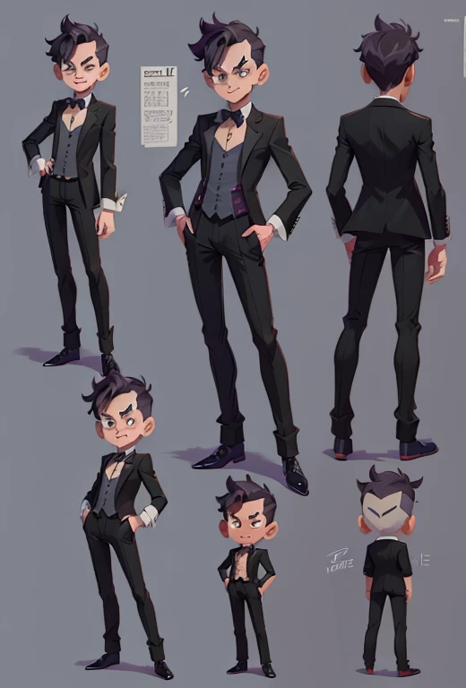 A joker character ,male,black ,funny,character sheet,full body turnaround,front side back three quarter pose