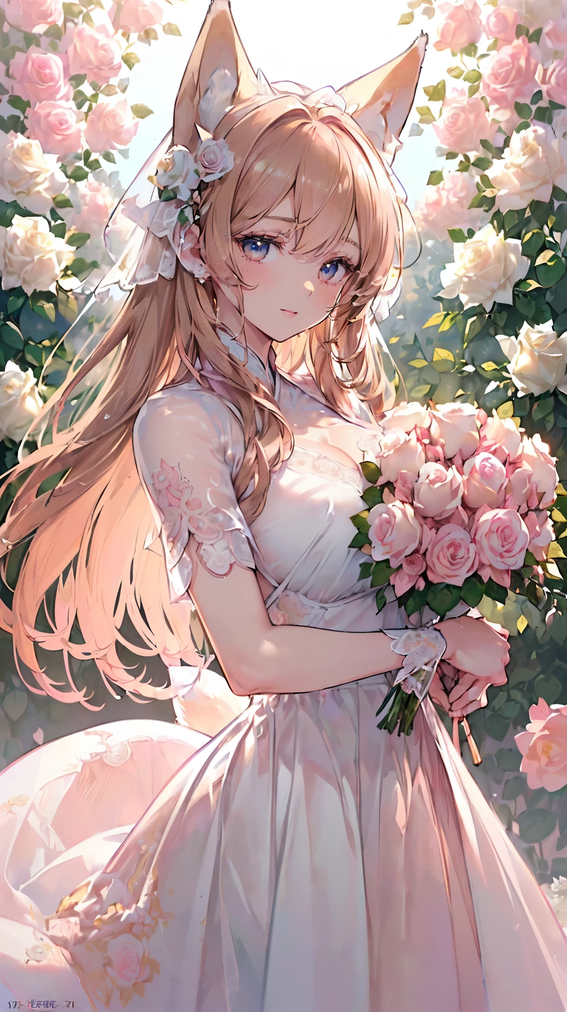 (((masterpiece))), (((highest quality))), ((ultra-detailed)), ((super fine illustration)), ((ultra-fine painting)), (16K highest quality wallpaper:1.4), (upper body:1.4), (Highly detailed and delicate illustration style:1.8), detailed skin texture, detailed cloth texture, detailed rose flower texture, extreme detailed description, (T-masterpiece), (highly detailed face:1.4), original, RAW photo, professional, Intricate details, super details, Direct light:1.6, (perfect ???????:1.4), (highly detailed hands:1.2), (highly detailed fingers:1.2), (highly detailed fingertips:1.2), (27-years-old), real, (solo:1.6), (A very beautiful and attractive fox fashion model who is a messenger of God and a traditional sacred shrine maiden:1.4) BRAKE (Beautiful and adorable fox ears:1.6), (Highly detailed and delicate fox ears:1.4), (beautiful and well-shaped big breasts:1.2), (beautiful and well-shaped buttocks), (beautiful and shiny golden brown hair:1.6), (highly detailed and delicate golden brown hair:1.4), (beautiful clear blue eyes that shine with great detail:1.6), (highly detailed and delicate blue eyes:1.2), (highly detailed face:1.4), (smile:1.4), (looking at viewer:1.4), (standing:1.4), (Celebration:1.4) BRAKE ((A beautiful and gorgeous princess dress that is detailed and delicate to be worn at celebratory occasions:1.4)) BRAKE ((Holding in both hands a large bouquet of highly detailed and delicate ((white and pink roses)):1.3)) BRAKE (Just after noon:1.4), (Celebration:1.4), (((Highly detailed and delicate white rose flower and pink rose flower garden background:1.3))), (Highly detailed and delicate royal palace courtyard background in just after noon in spring:1.3) BRAKE 