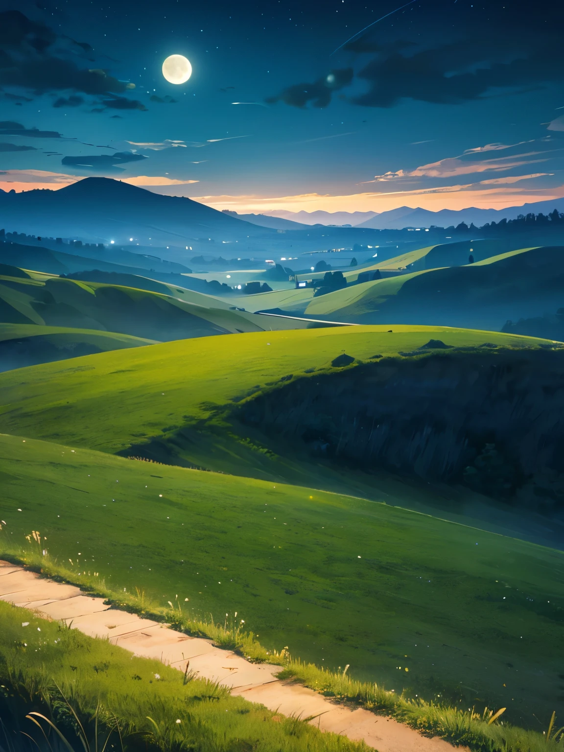 Grass hills, at night,beautiful moon, ultra detailed, ultra HD, masterpiece