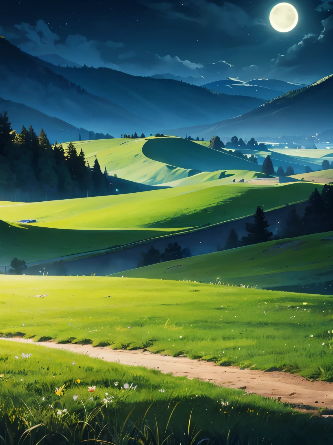 Grass hills, at night,beautiful moon, ultra detailed, ultra HD, masterpiece