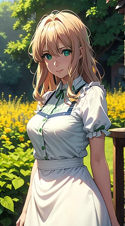Matured Italian girl, large breasts ,cleavages, MILF, Italian woman, adult, Model, long open hair, hair floating, green color full sleeve clothes, white kitchen apron, green eyes and bright yellow hair, long skirt, ultra realistic eyes , sunlight and garden background, bright purple eyes, ultra realistic detailed eyes, innocent eyes, looking at camera, beautiful smile, beautiful face , bright yellow color hair