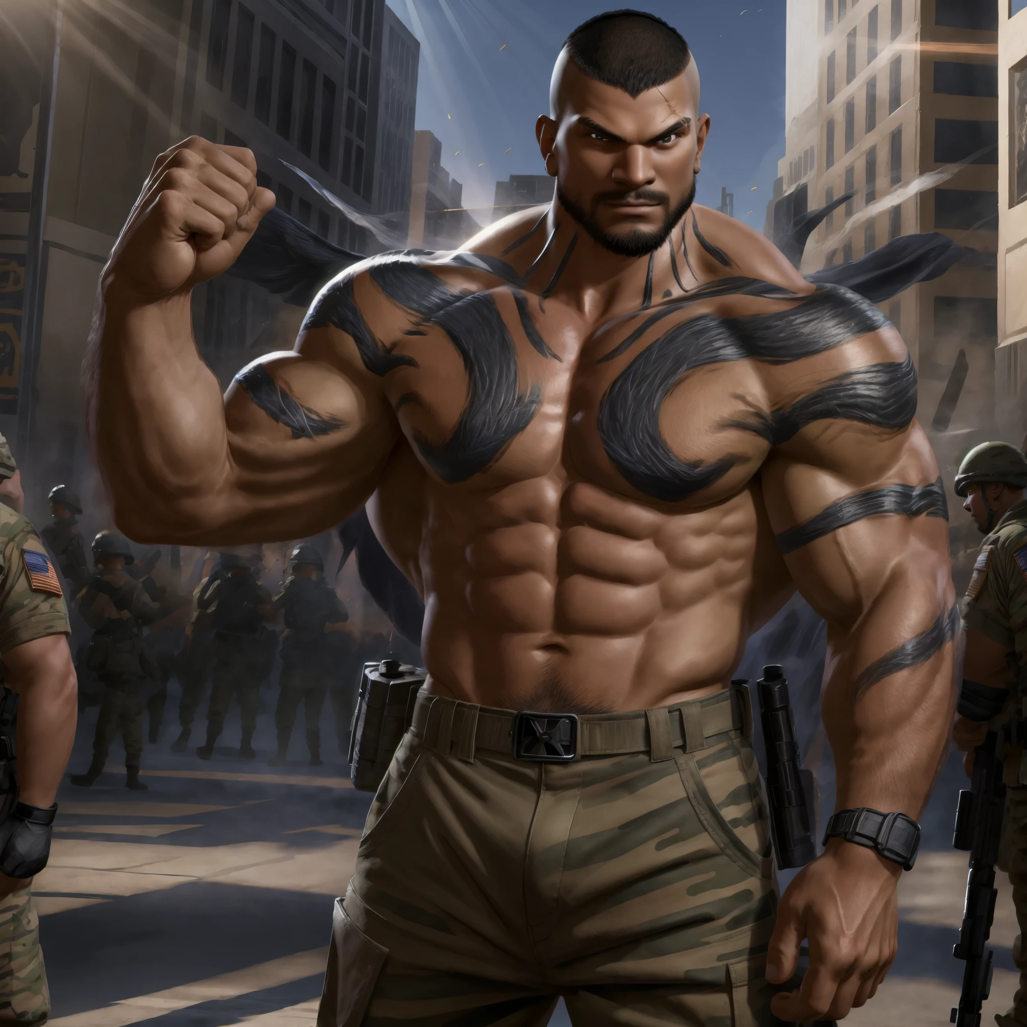 ((Extreme long shot, eye level, single,)), (looking at viewer, evil smile), hyperrealistic, (masterpiece), high details, ultra-realistic, octan light, 32k, | high resolution, photo-realistic, ultra clear, bokeh, high detail iconic character, highly detailed character, | A dark skin muscular soldier commander in ((US Army uniform, army pants):1.2) but shirt-less with fist in the air on the battlefield in time square new york | In the style of transformers movie | (bara pecs:1.3), ((day light, god rays):1.2), (bulge:0.4)