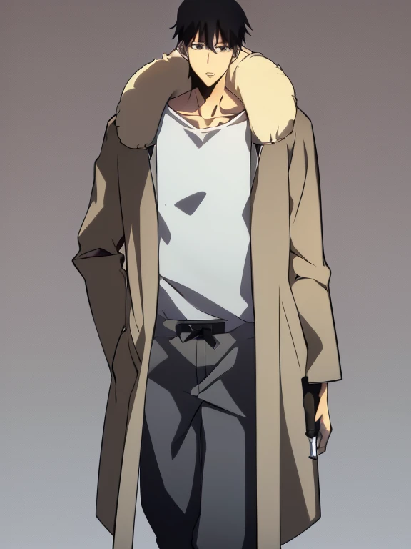 (Illustration, high resolution, best quality: 1.5, masterpiece, minimalist, simplistic detail, anime) solo: 2, teenager, fushiguro toji, baggy pants, shirt, fur collar coat, holding knife, half body,