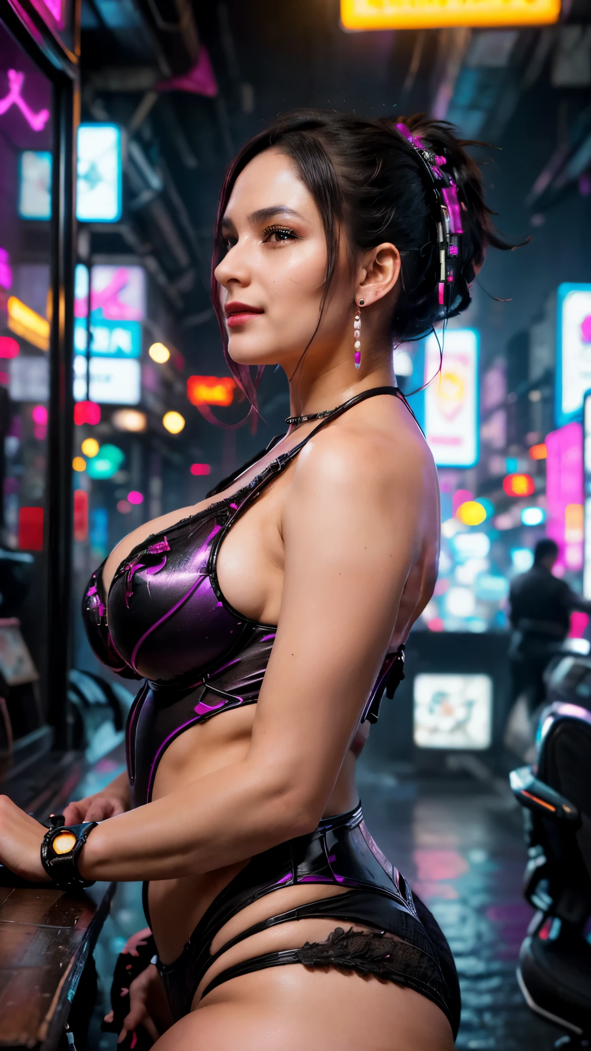 (((Cyberpunk))),ultra realistic 8k cg, picture-perfect face, flawless, clean, masterpiece, professional artwork, famous artwork, perfect face, beautiful face, beautiful eyes, ((perfect female body)), solo, blush,seductive expression,extremely detailed_eyes,((cyberpunk lingerie : 1.2)), short hair,, beautifully detailed background,depth of field,,bdsm,skindentation,(soft red lipstick), ((short girl)), ((side view photo : 1.4)), (glossy skin), (earrings, bracelet:1.2), ((firm breasts)), (in a cyberpunk city), (wearing cyberpunk outfit : 1.2), (gigantic breasts), ((night time)), (smile), (a lot of sperm liquid on her face : 1.4), (look at camera :1.2), (close up photo)