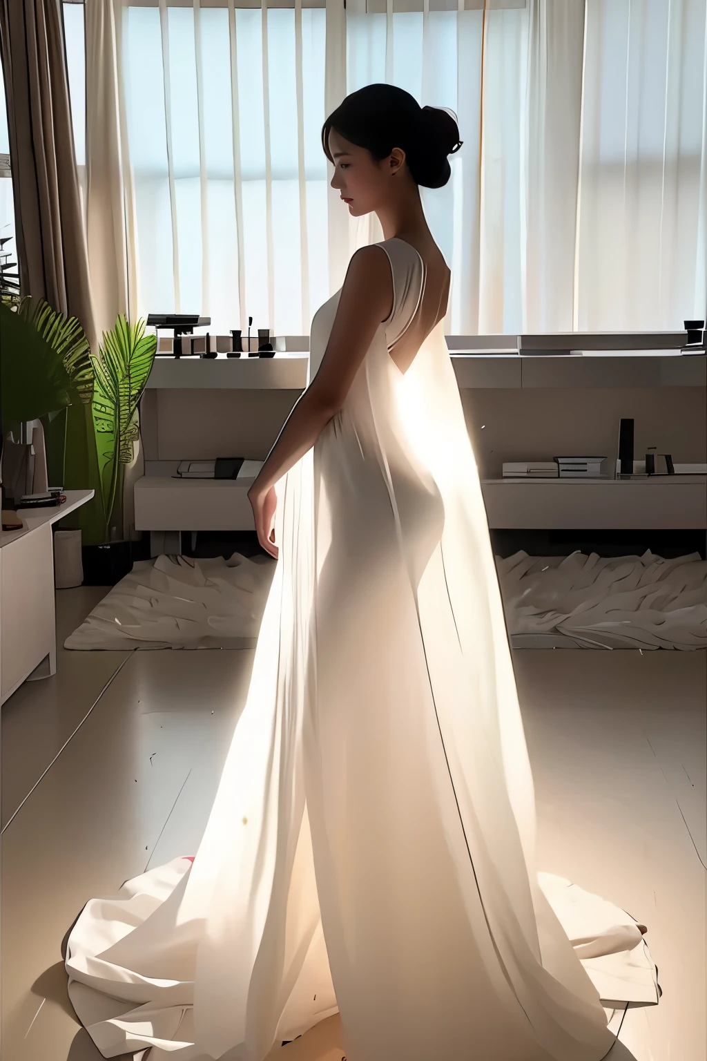 (masterpiece, best quality:1.2), 1girl, solo, delicate face, white-skinned female, see-through silhouette, white dress, full body, indoor