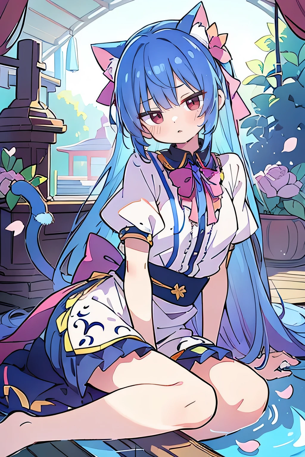 (masterpiece:1.2),ultra-detailed,realistic,expressive eyes,fair-skinned,perfectly shaped face,1girl,
Japanese cartoons,Gorgeous blue hair, flowing blue hair,floating clothes,cat ears,petals falling,beautiful Lola,Hina Angel,
hands on waist,gracefully sitting on the ground,legs crossed,gentle and serene background,cool and comfortable pavilion.