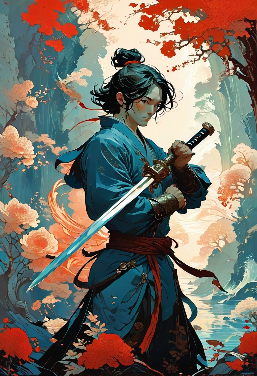 Sworasman, hold sword, by Tomer Hanuka, best quality, masterpiece, very aesthetic, perfect composition, intricate details, ultra-detailed