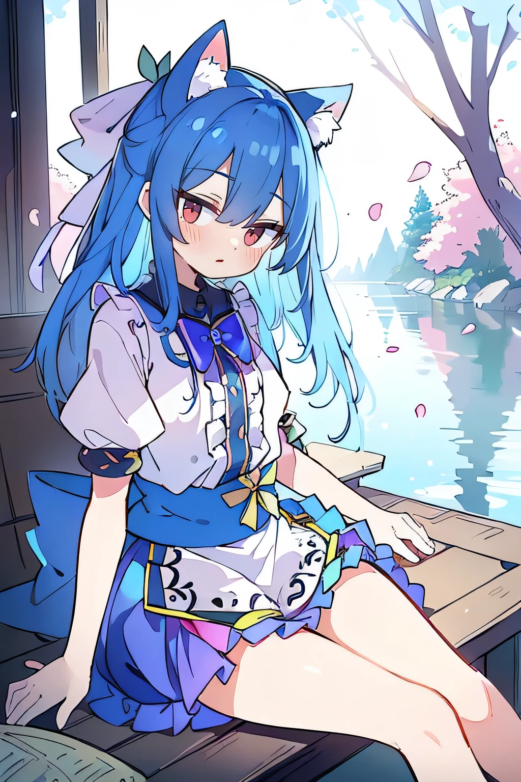 (masterpiece:1.2),ultra-detailed,realistic,expressive eyes,fair-skinned,perfectly shaped face,1girl,
Japanese cartoons,Gorgeous blue hair, flowing blue hair,floating clothes,cat ears,petals falling,beautiful Lola,Hina Angel,
hands on waist,gracefully sitting on the ground,legs crossed,gentle and serene background,cool and comfortable pavilion.