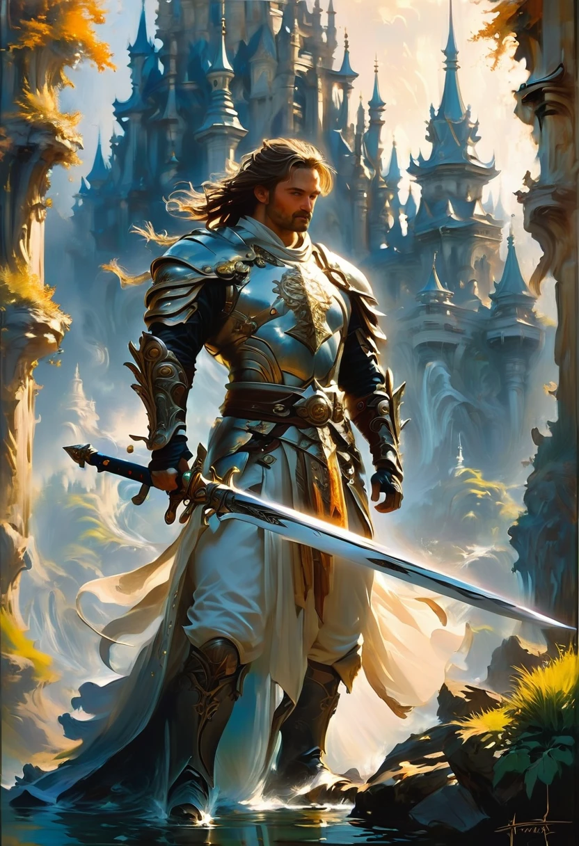Sworasman, hold sword, by Greg Manchess, best quality, masterpiece, very aesthetic, perfect composition, intricate details, ultra-detailed