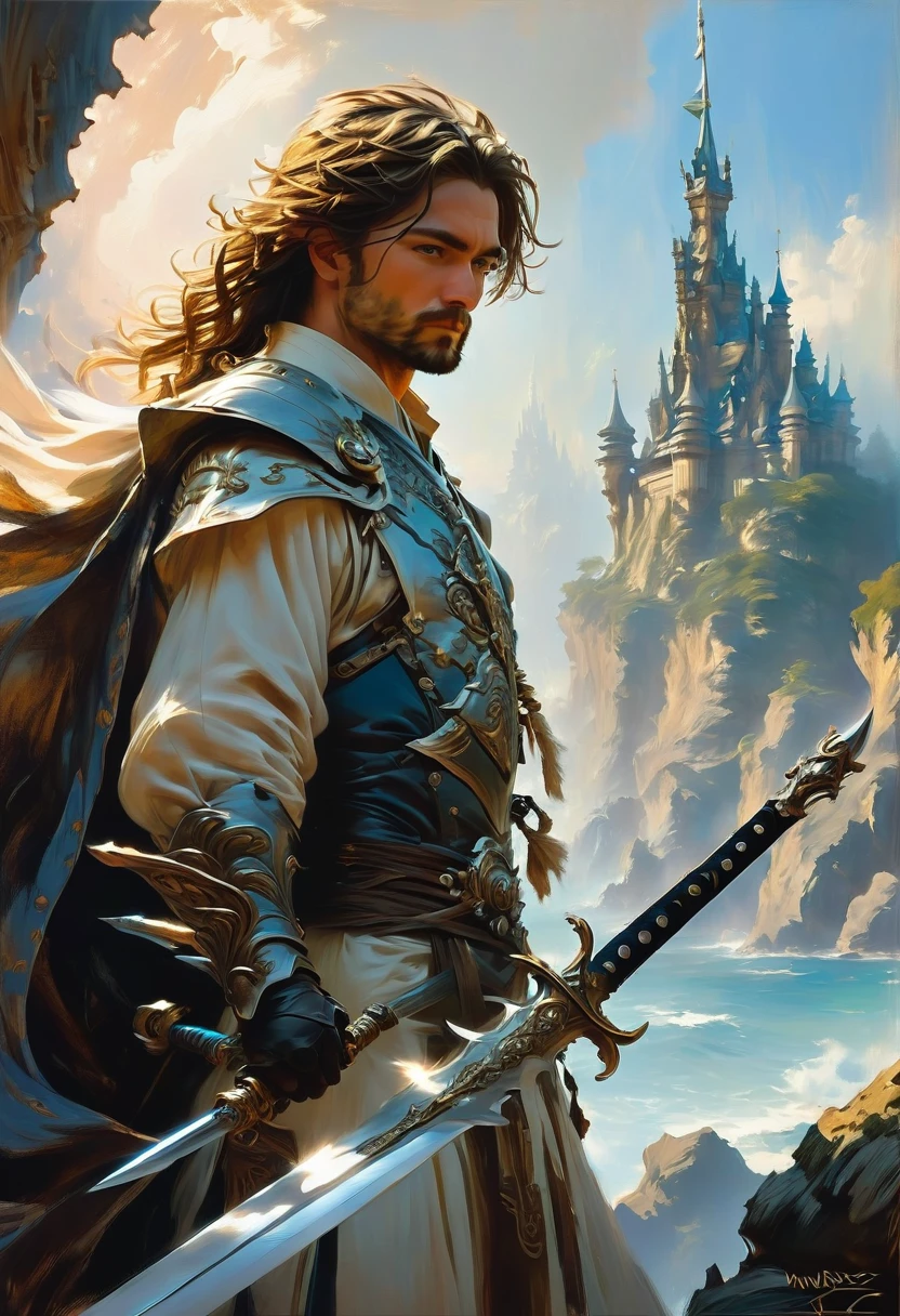 Sworasman, hold sword, by Greg Manchess, best quality, masterpiece, very aesthetic, perfect composition, intricate details, ultra-detailed