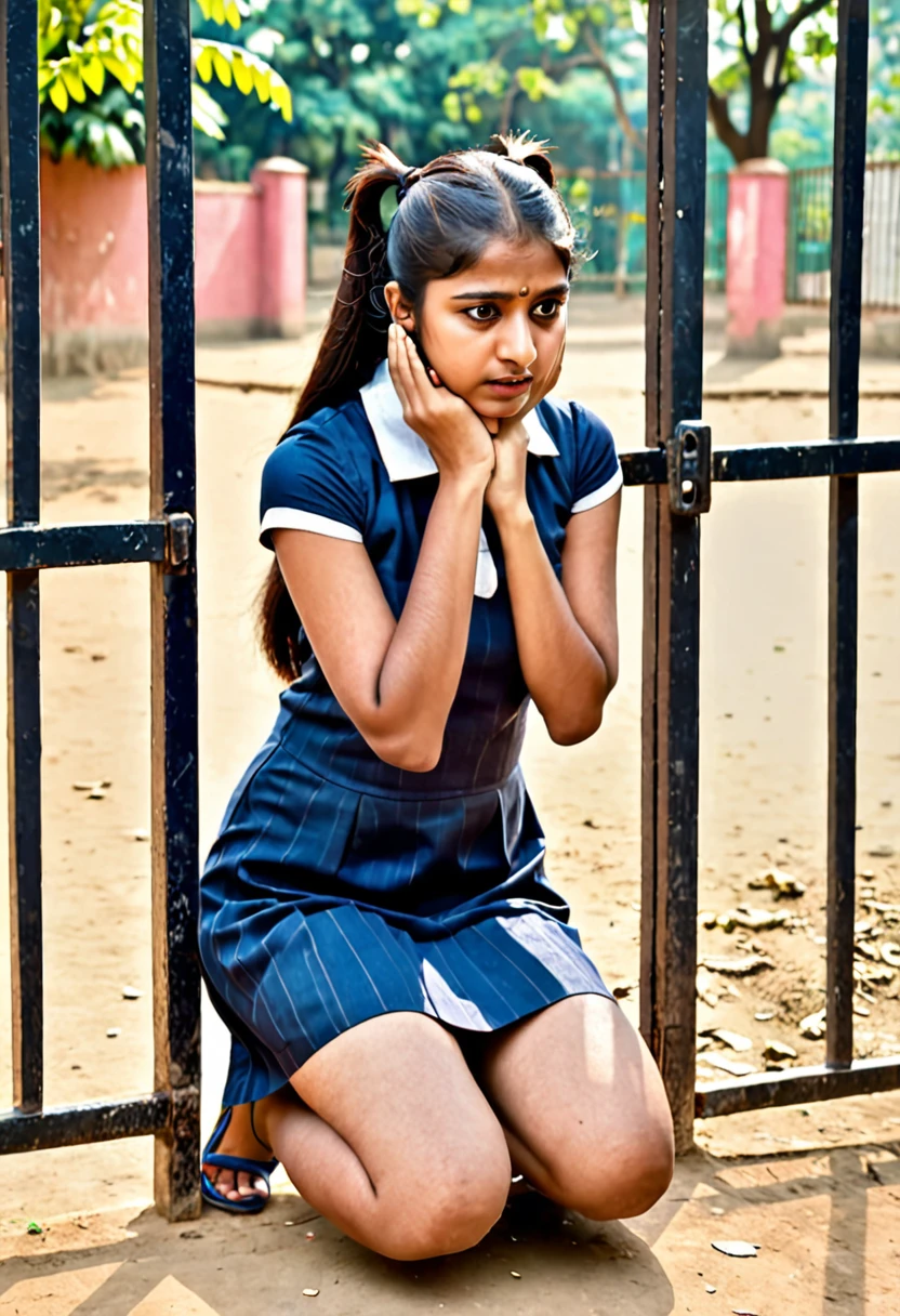 Indian women fair complexion , 2 pony tails,wearing short sleeveless dress kneeling down holding ears in gate sad in punishment in college