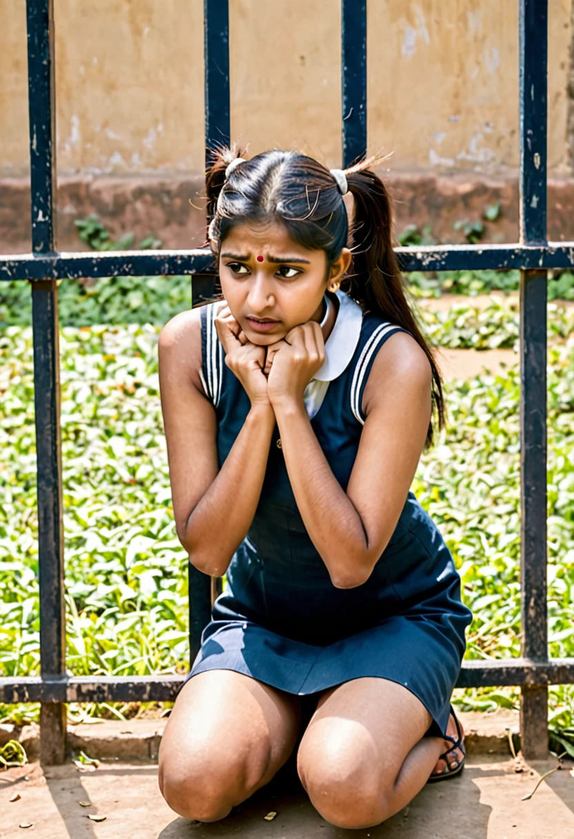 Indian women fair complexion , 2 pony tails,wearing short sleeveless dress kneeling down holding ears in gate sad in punishment in college