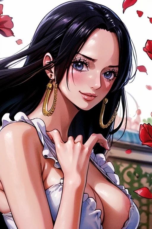 best quality, masterpiece, highly detailed,1girl, ((rose)), (vine), cage, bandage, red rope, (detail light), falling rose petals, Boa Hancock, (nsfw:1.4), (masterpiece:1.5), Detailed Photo, Smiling, Sexy, (8K, Best Quality: 1.4), (1girl), Beautiful Face, (anime realistic Face), (Black Hair, long Hair: 1.3), Beautiful Hairstyle, Realistic eyes, beautiful detail eyes, (white skin), beautiful skin, absurd, attractive, ultra high resolution, ultra realistic, high definition, golden ratio, (sexually aroused:1.5), Pinkish white skin, cool white light, sexy pose, Beautiful , white background, pink soft white light, Wear a white dress
