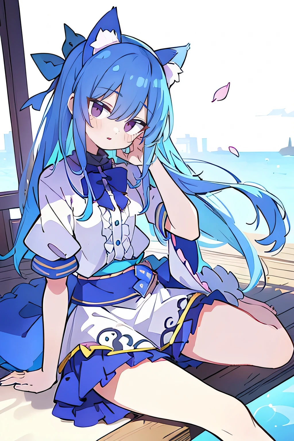 (masterpiece:1.2),ultra-detailed,realistic,expressive eyes,fair-skinned,perfectly shaped face,1girl,
Japanese cartoons,Gorgeous blue hair, flowing blue hair,floating clothes,cat ears,petals falling,beautiful Lola,Hina Angel,
hands on waist,gracefully sitting on the ground,legs crossed,gentle and serene background,cool and comfortable pavilion.