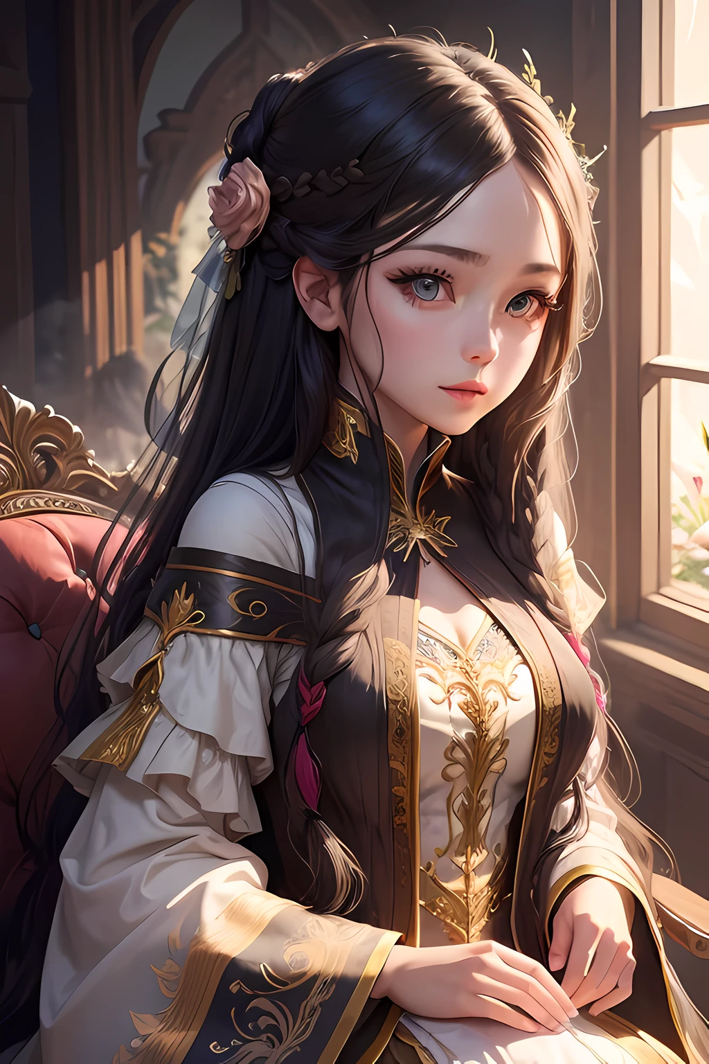 Beautiful girl with fantasy dress, extra detailed long hair, magical design, fantasy art