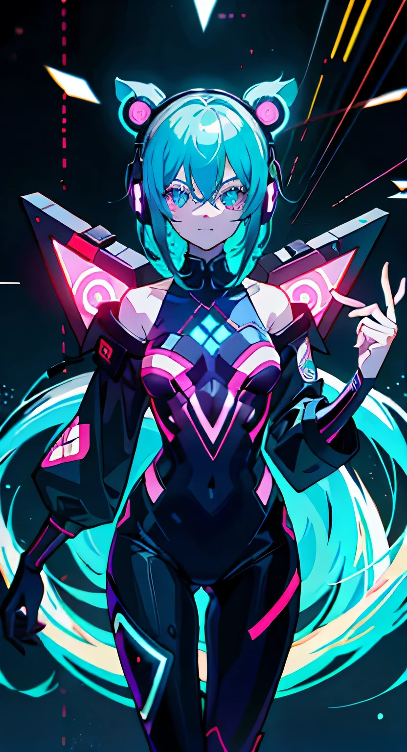 Anime girl medium hair, Wearing a suit, The eyes are glaring sharply、A scheming smile, neon blue hair, scar, Stickers, Neon style full shot, Cool pose with hands over ears, headphones