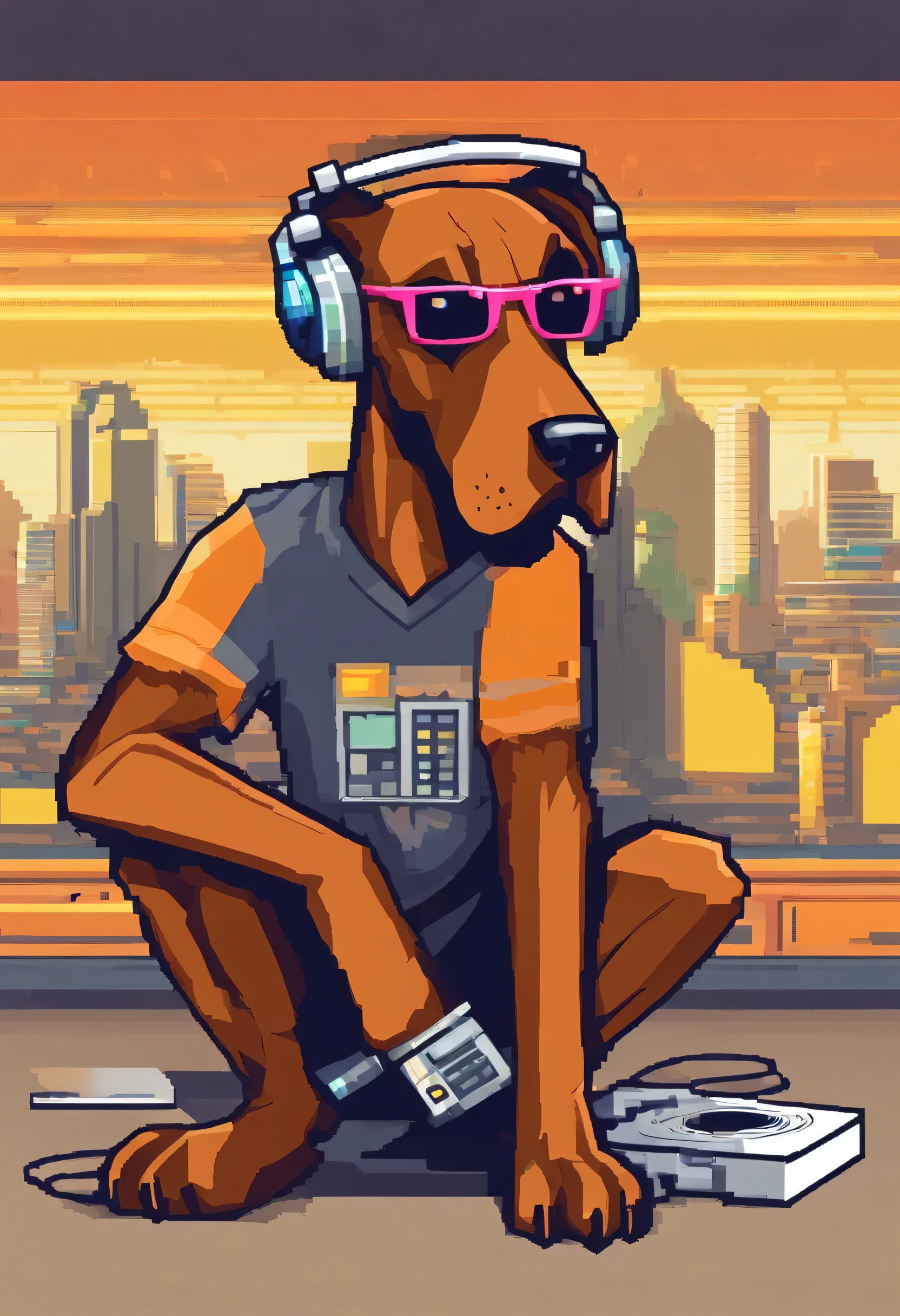 a brown doberman wearing a colorful t shirt ;music headphones;neon orange glasses;a disc platin in his hand