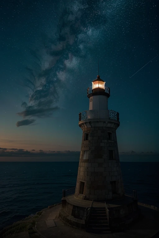 Please give us a photo of a lighthouse at to highlight with stars and cloud on the sky where the sea is clear. Maybe there is a boat there
