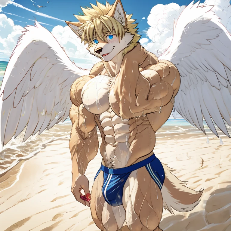 (masterpiece, Best quality:1.2), wolf boy, on beach sand, in speedos, body covered in white fur, Furry style,sexual,horny,very muscular wild ,full height,veiny small muscles, very long blond hair,freckles on the body and face,blue eyes,defined muscles,wet body from sweat,sharp focus, young , friendly,Angel wings, stands high