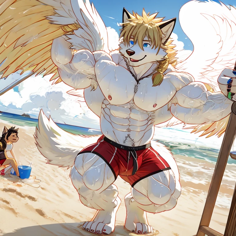 (masterpiece, Best quality:1.2), wolf boy, on beach sand, in speedos, body covered in white fur, Furry style,sexual,horny,very muscular wild ,full height,veiny small muscles, very long blond hair,freckles on the body and face,blue eyes,defined muscles,wet body from sweat,sharp focus, young , friendly,Angel wings, stands high