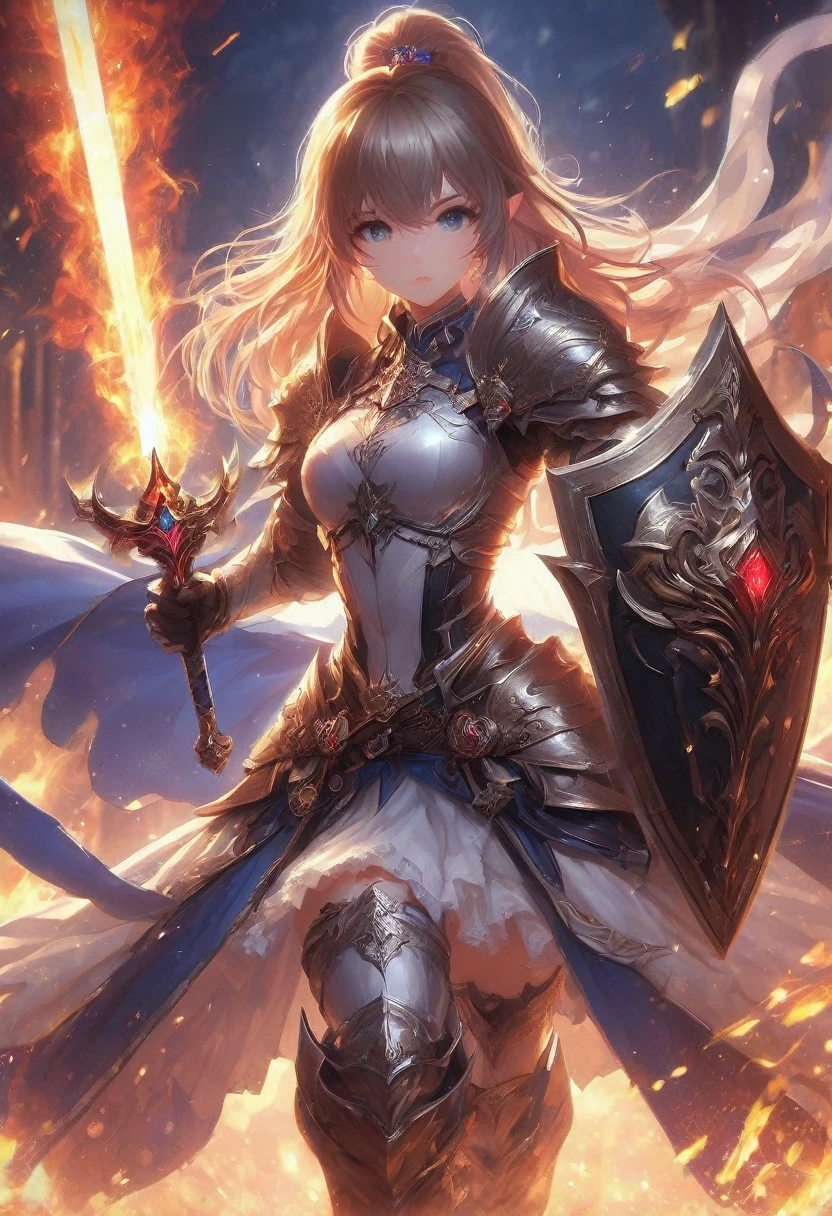 1girl,Swordsman,Sword and shield,(best swordsmanship, skilled swordsman,sword fighting expert,ethereal swords,forcefield defense:1.2),(great detail,ultra detailed,sharp focus,highres),(fantasy,illustration),(detailed armor,glistening metal),(epic battle,action scene),(mystical aura,magical warrior),(intense focus:1.1),brilliant colors,vivid colors,fiery background,strong poses,(dynamic movement,acrobatic combat),(heroic expression,determined look)